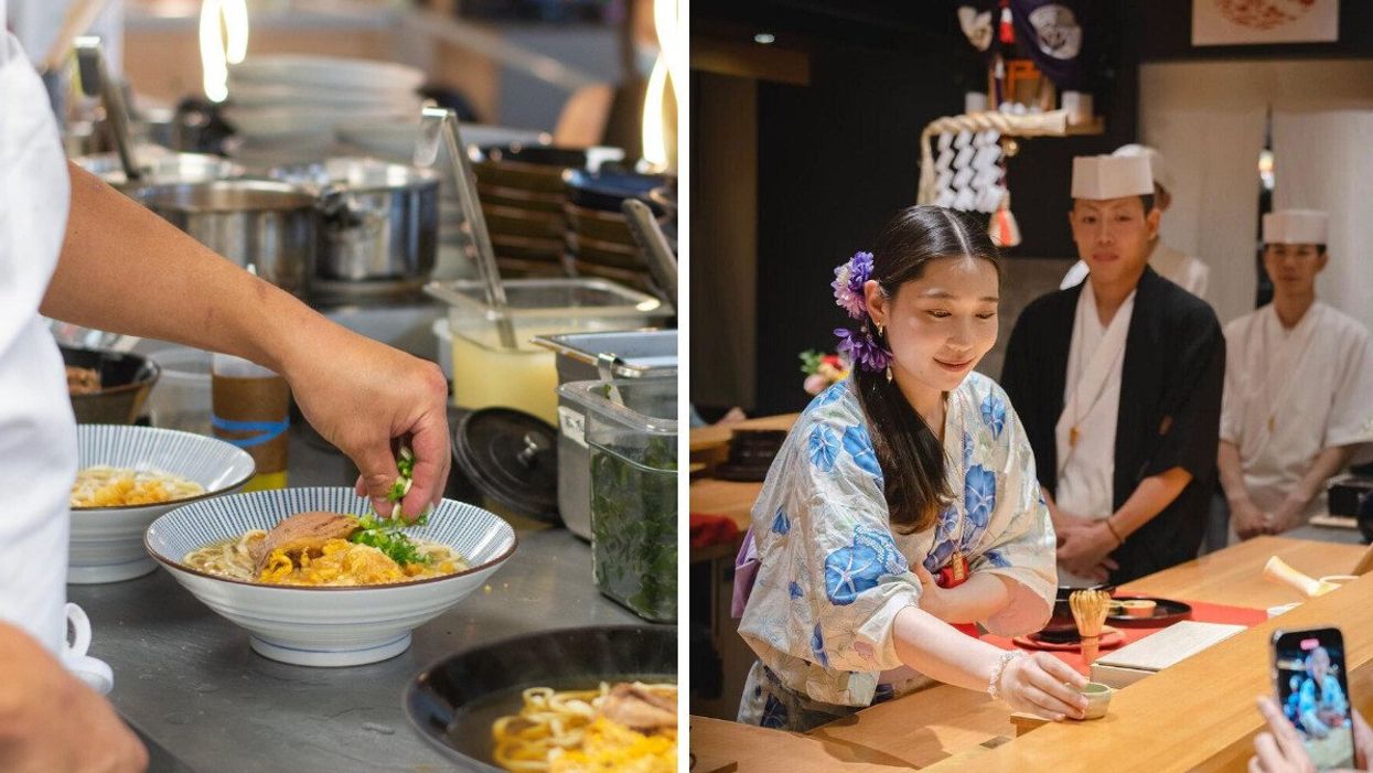 A dish from Motonobu Udon. Right: A person at Okeya Kyujiro.