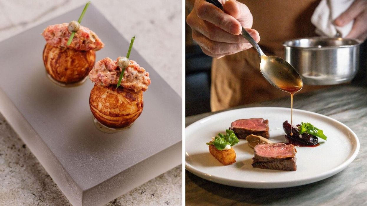 A dish made of food shaped as two balls topped with a grass-like stem on each and white pearl. Right: A chef pouring gravy on a piece of meat on a dish.