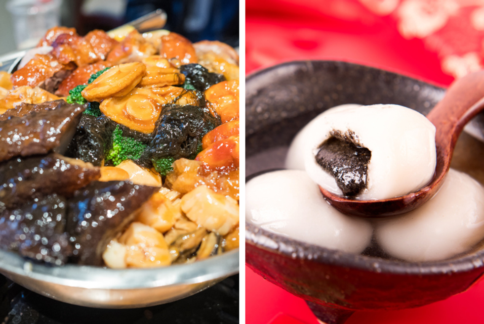 A dish of poon choi. Right: Tong yuen glutinous rice balls.