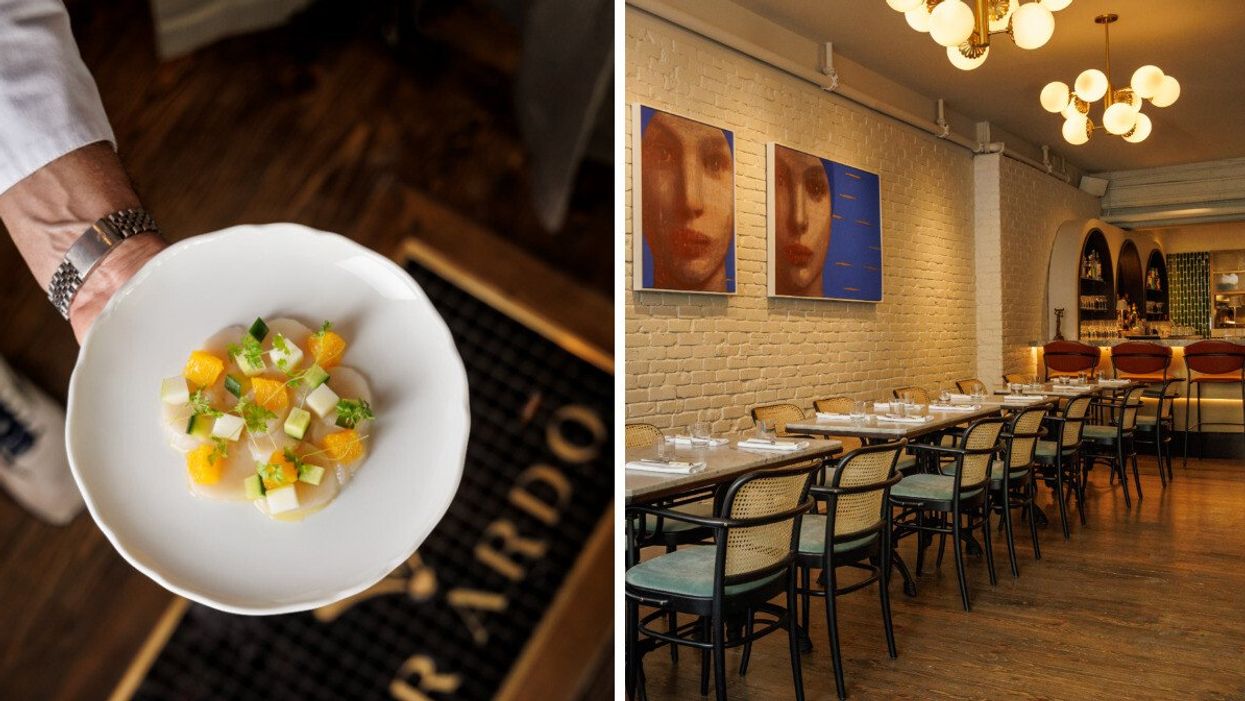 A dish on a white plate from a restaurant. Right: A Toronto restaurant with blue and black chairs.