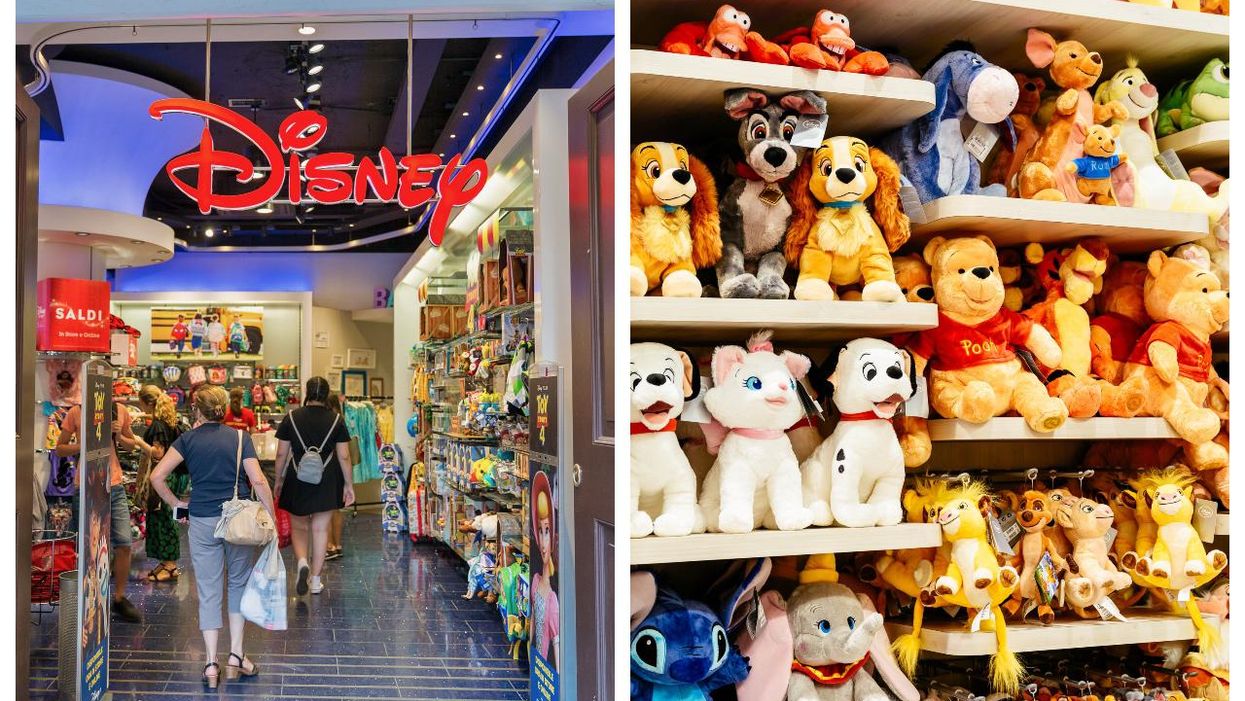 A Disney Store location. Right: Rows of Disney stuffed toys.