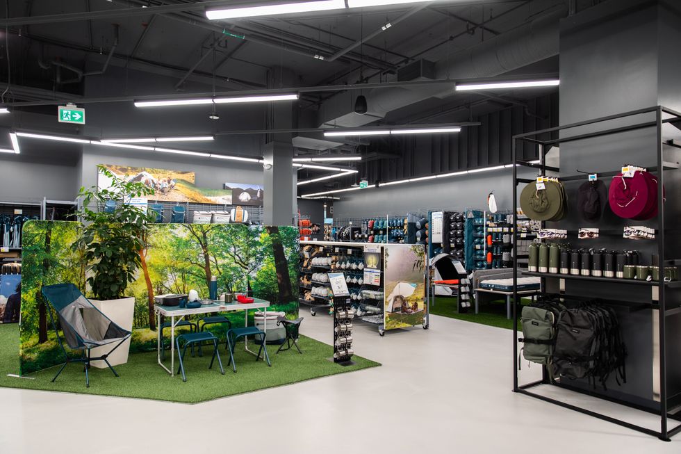 A display of camping and outdoor gear at Decathlon's Vancouver store.