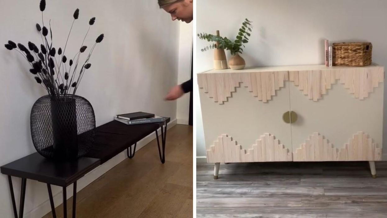 A DIY bench made of an IKEA shelf. Right: A renovated KALLAX shelving unit.