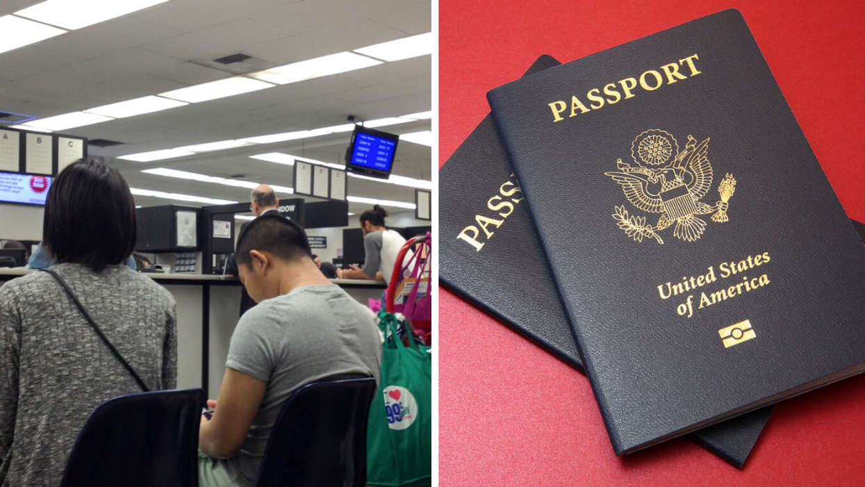 A DMV. Right: The American passport.
