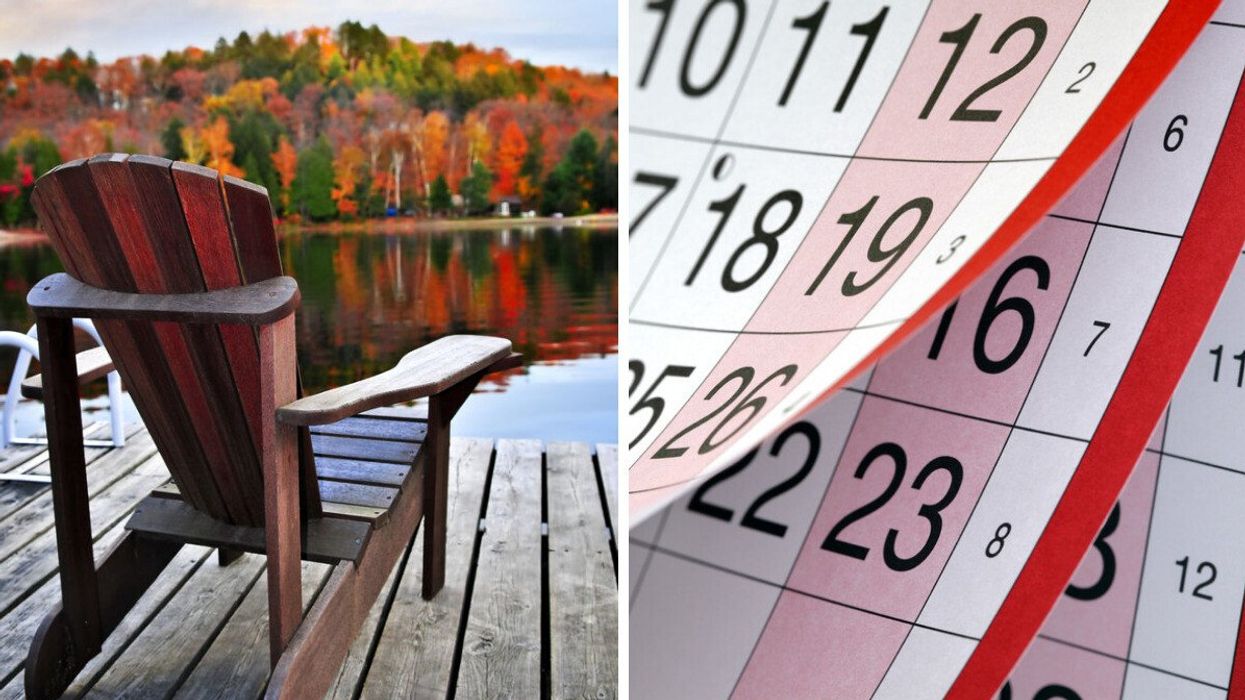 A dock on a lake in Ontario. Right: A calendar.