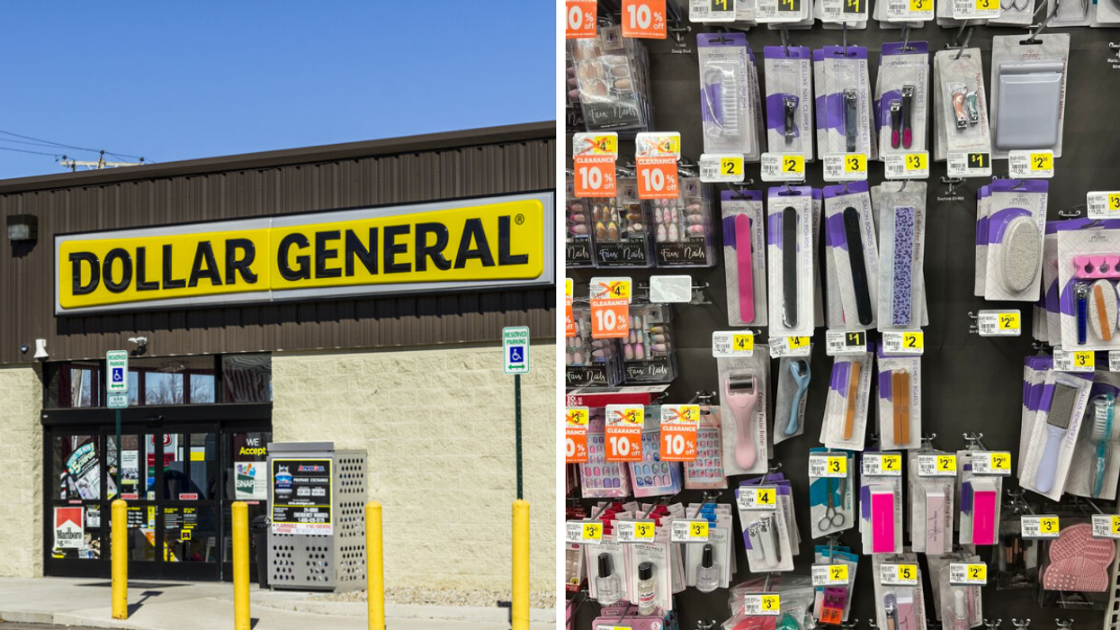A Dollar General store. Right: Beauty products from Dollar General.