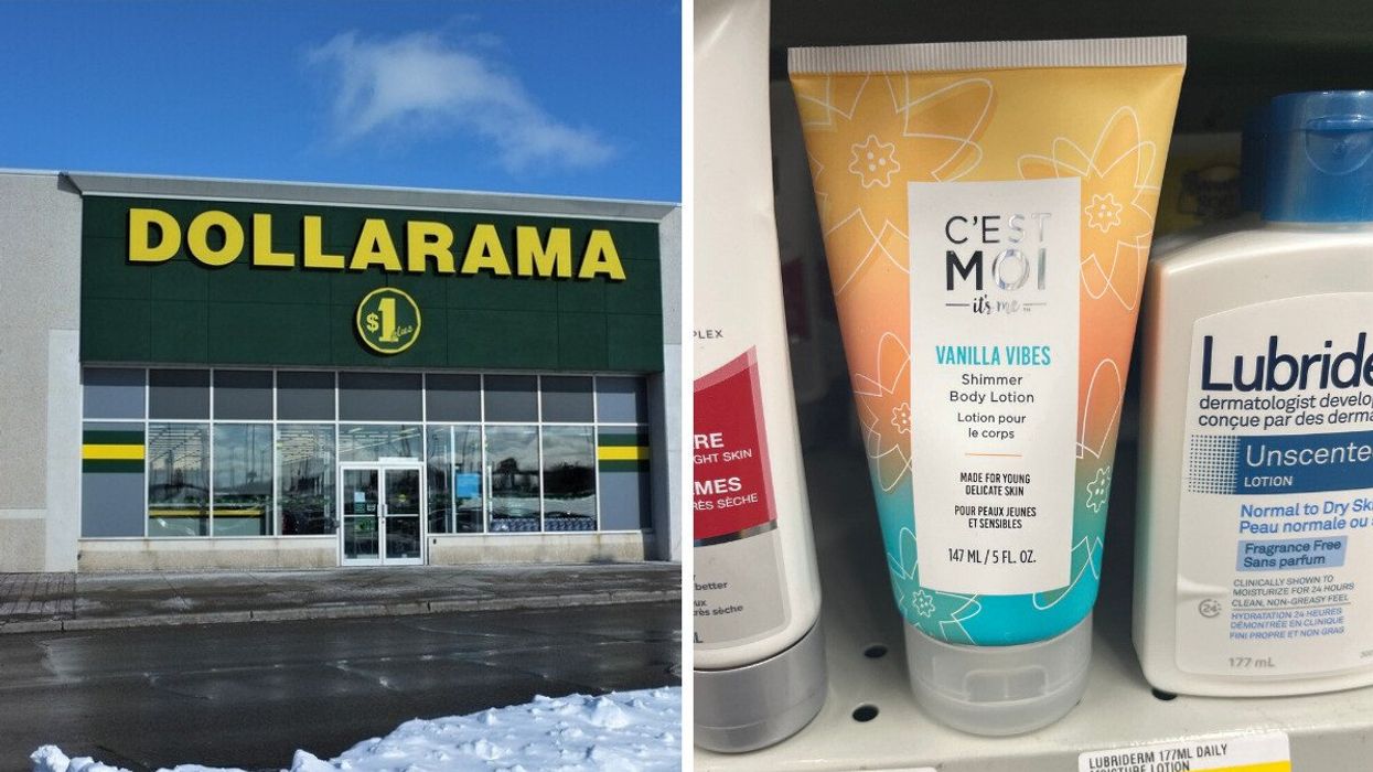 A Dollarama in Ontario. Right: C'est Moi Vanilla Vibes Shimmer Body Lotion.