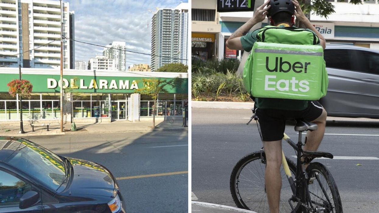 A Dollarama in Toronto. Right: An Uber Eats courier