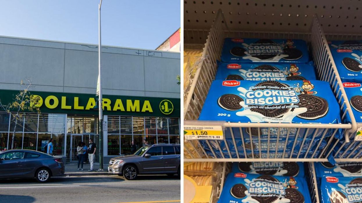 A Dollarama location. Right: A pack of Cookies.
