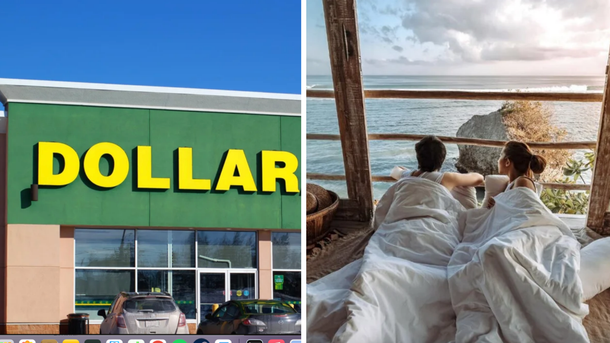 A Dollarama store. Right: A couple in bed in Bali.