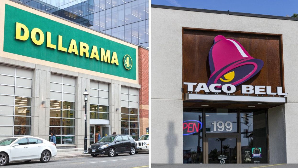A Dollarama store. Right: A Taco Bell restaurant.