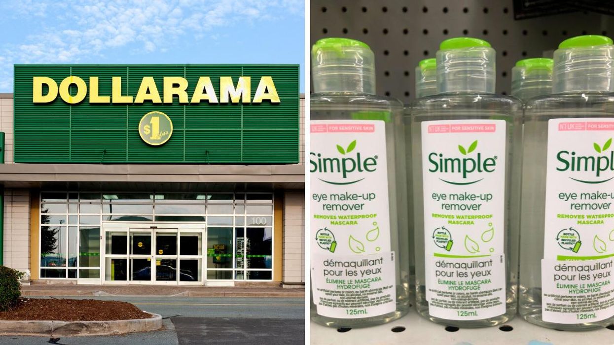 A Dollarama store. Right: Simple Eye Make-Up Remover.
