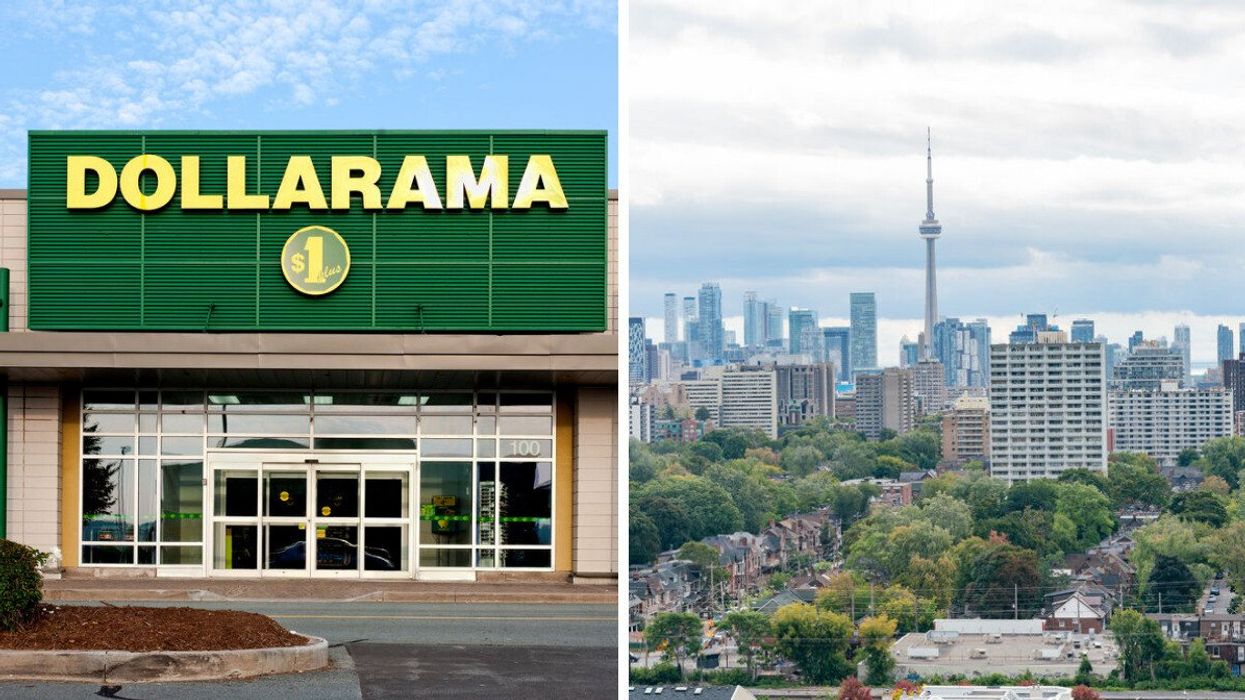 A Dollarama store. Right: The CN tower in Toronto