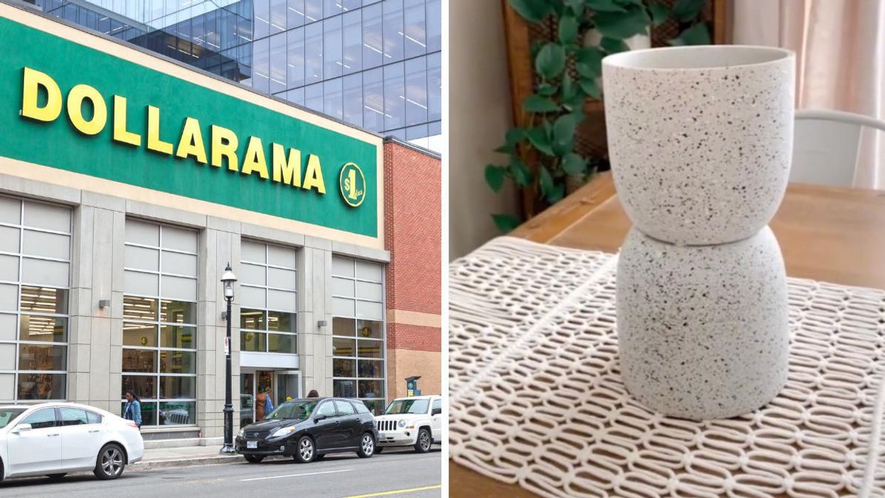 A Dollarama store. Right: Two pots stacked on top of each other.