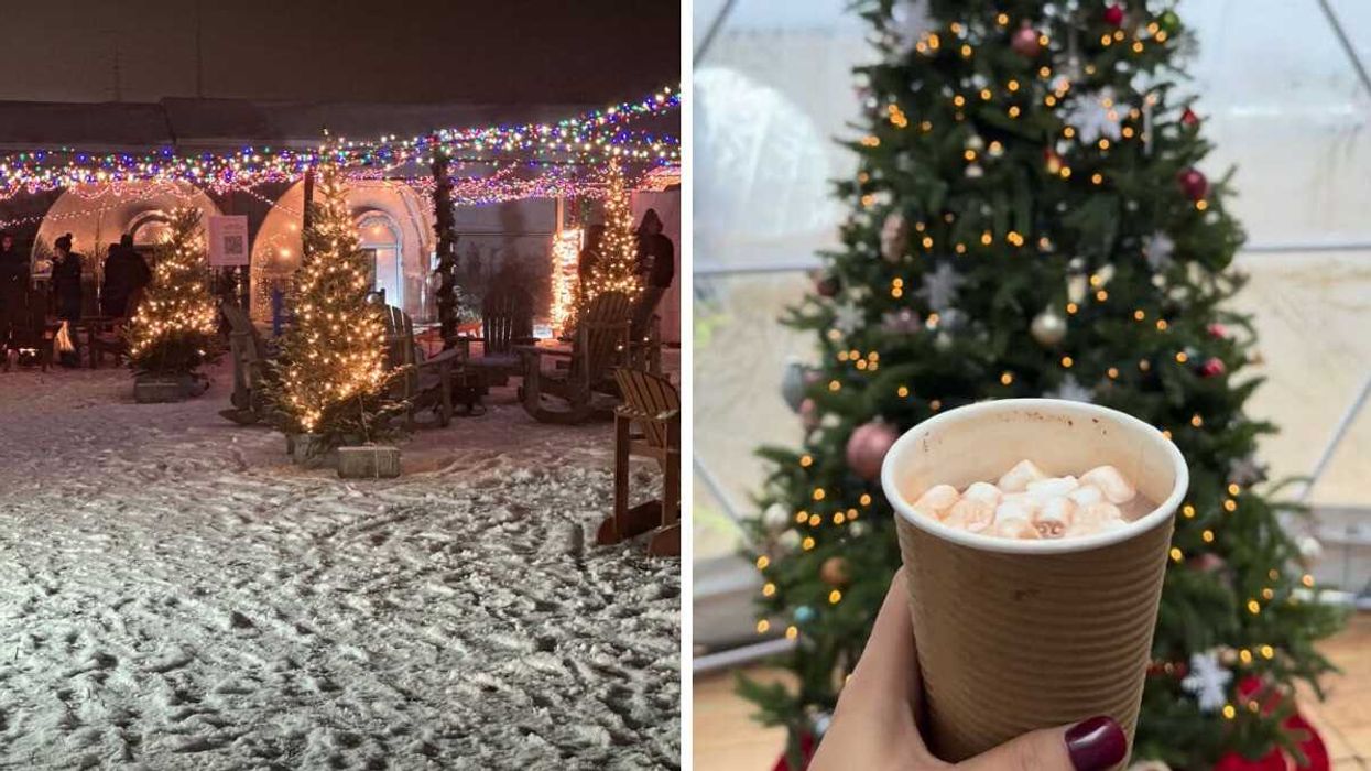 A dome holiday market. Right: A hand holding hot chocolate.