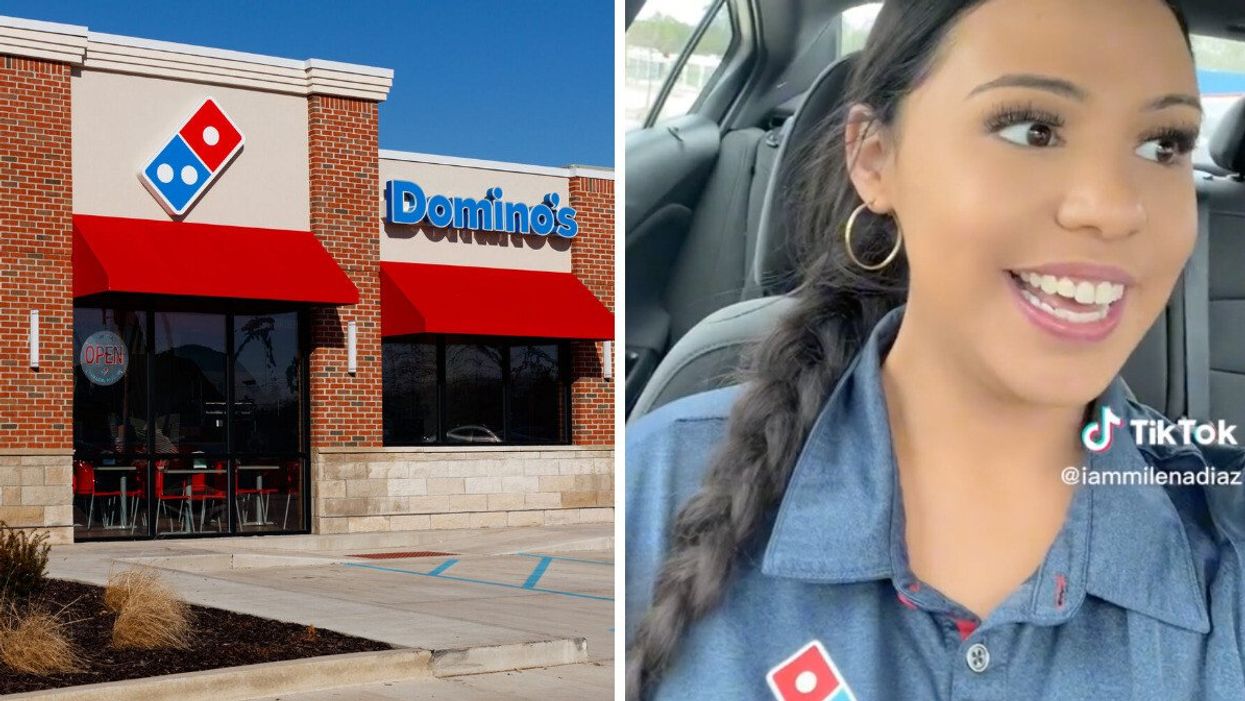 A Domino's pizza restaurant. Right: The TikToker explaining how much she makes in tips as a Domino's delivery driver.