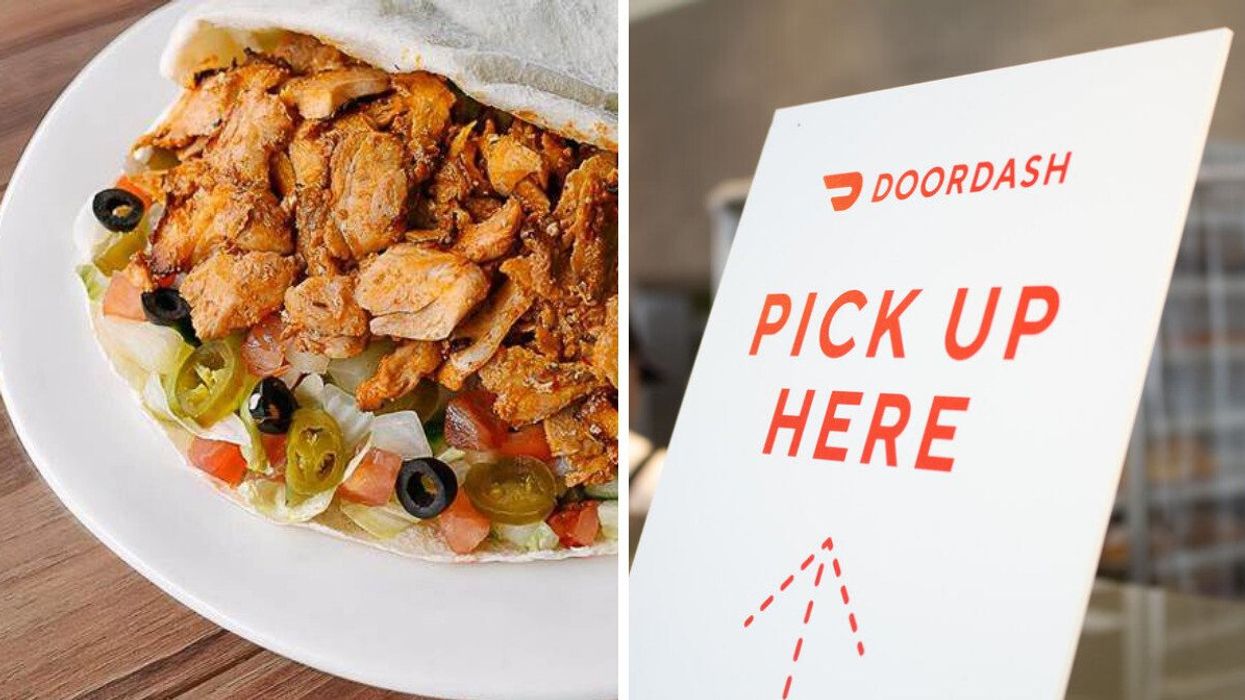 A Donair wrap. Right: A DoorDash sign.