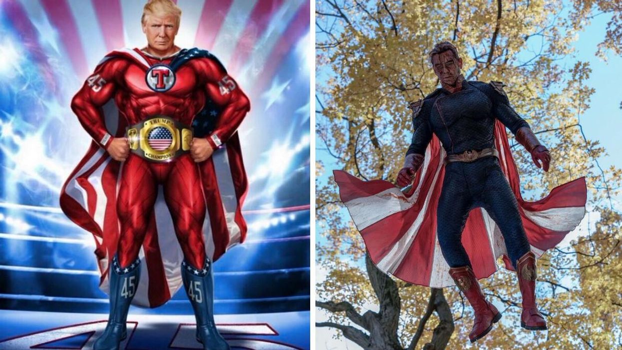 A Donald Trump trading card. Right: Homelander in The Boys.