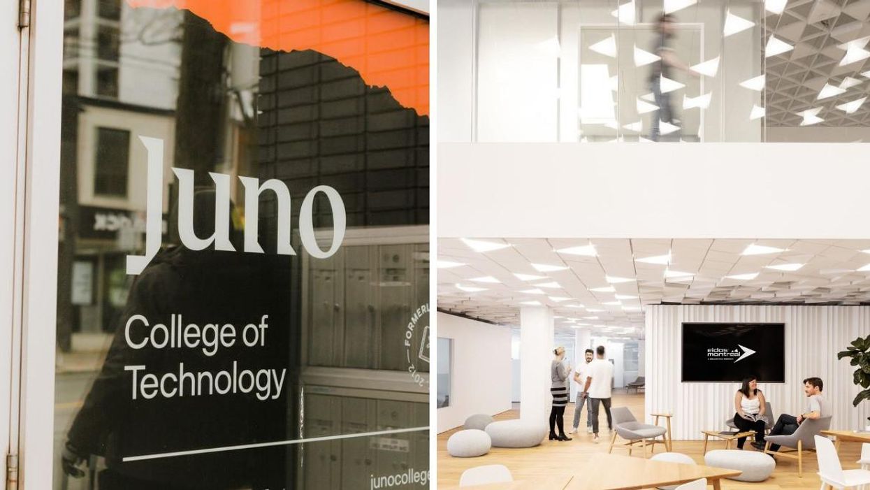 A door for the Juno College of Technoloy. Right: The Eidos-Montréal studio.