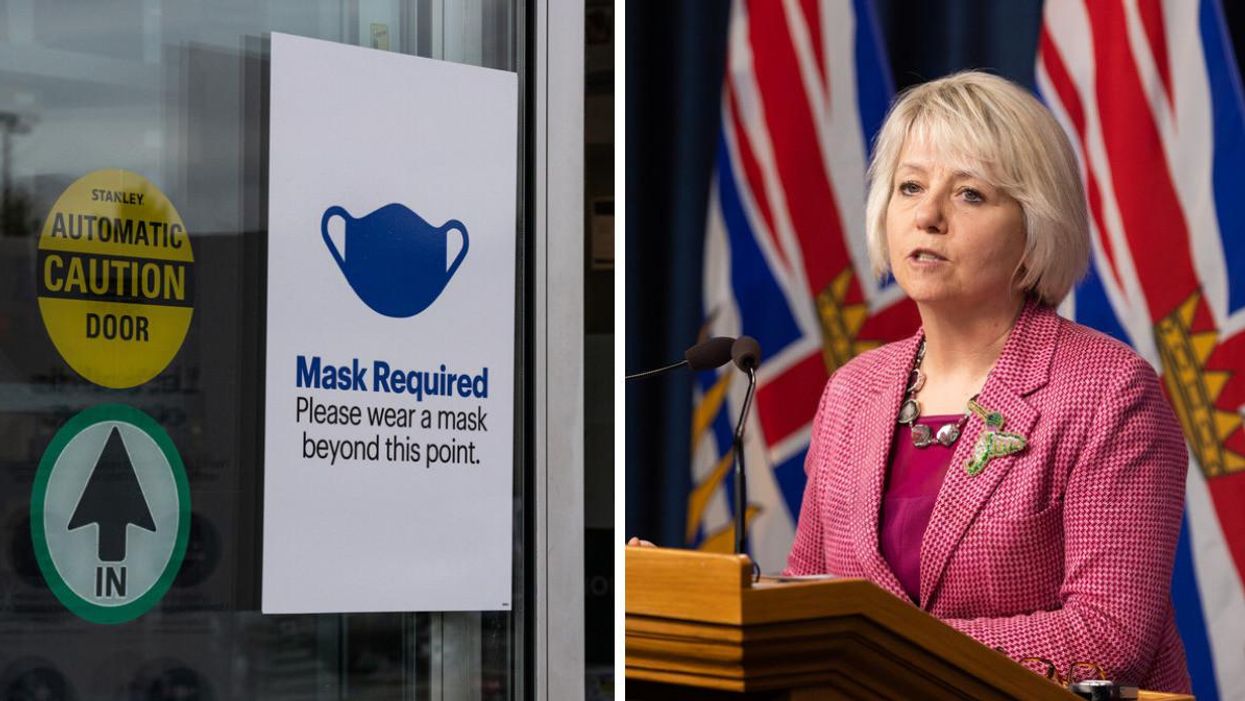 A door sign asking people to wear a mask. Right: Dr. Bonnie Henry.