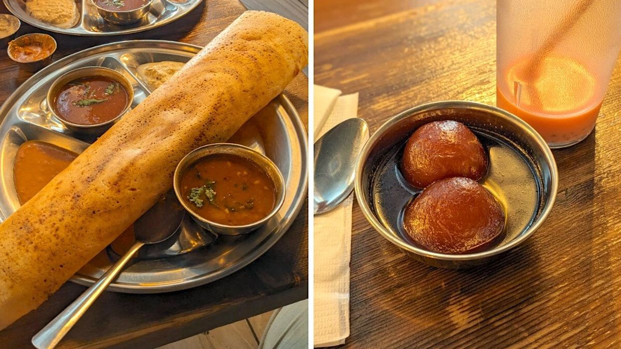 A dosa with chutneys. Right: Gulab jamun.