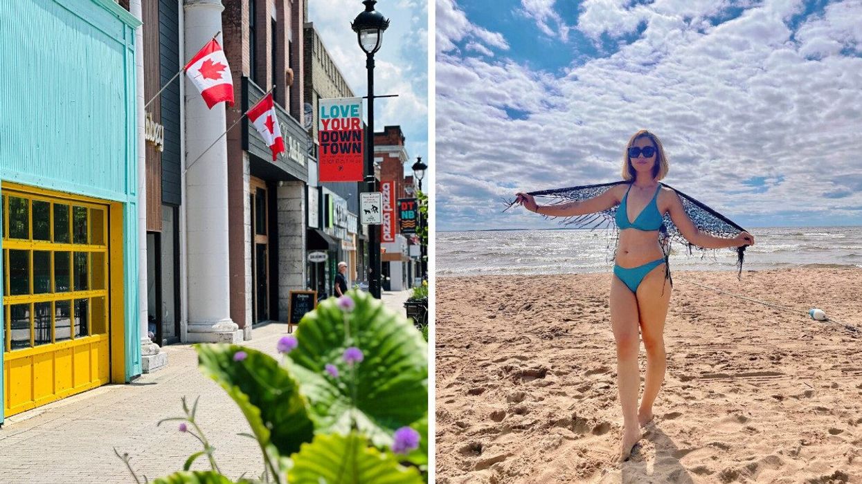 A downtown area. Right: A person on a sandy beach.