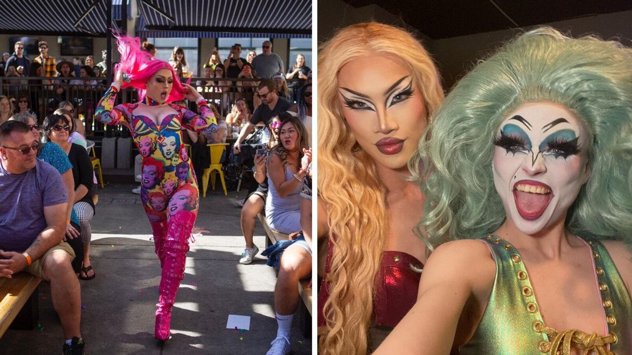 A drag queen performing for a crowd. Right: Two drag queens in full makeup posing for the camera.