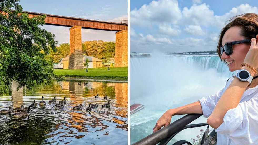 A dreamy Canadian landscape. Right: Alona Vasylieva smiles at Niagara Falls, Ontario.