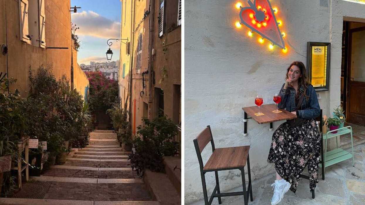 A dreamy European street. Right: A person sitting at a table with two drinks.