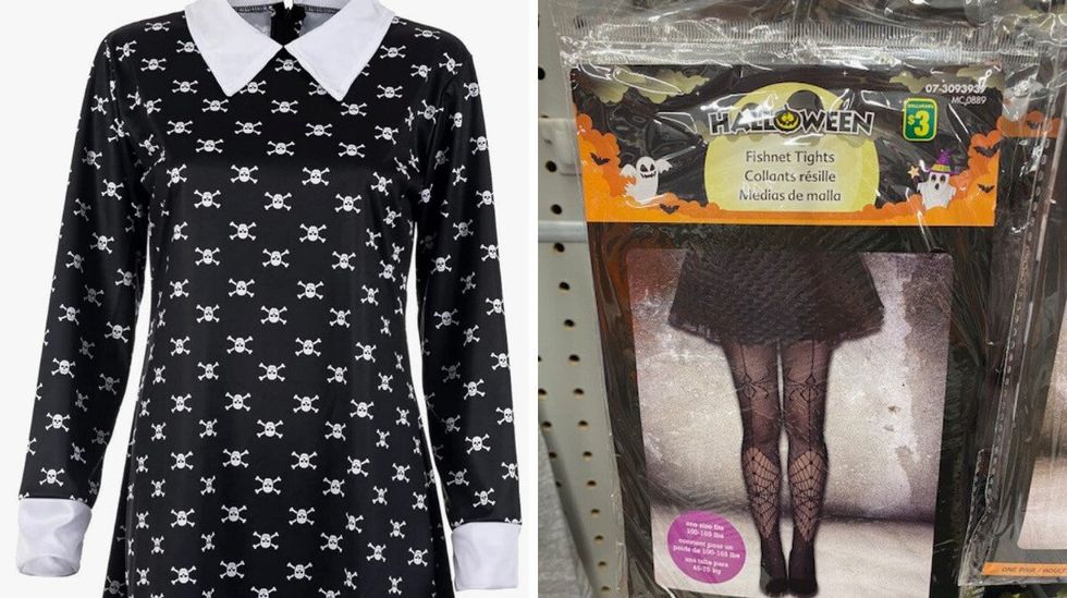 A dress with skulls on it. Right: A pair of tights at Dollarama.