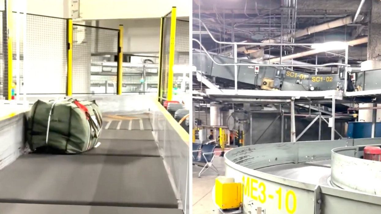 A duffle bag is seen moving on a flat luggage conveyor belt at Toronto Pearson Airport. Right: A view of the luggage sorting system shows a series of interconnected conveyor belts with metal frames, pipes, and equipment visible in the background.