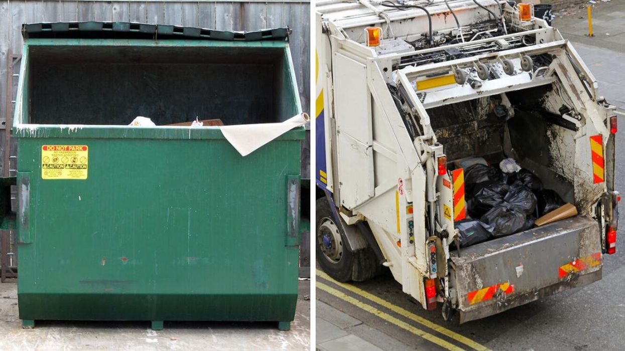 A dumpster. Right: A garbage truck.
