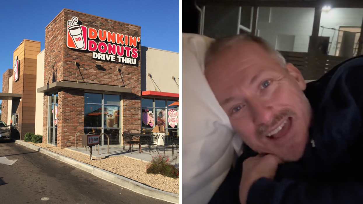 A Dunkin Donuts. Right: A man on TikTok.