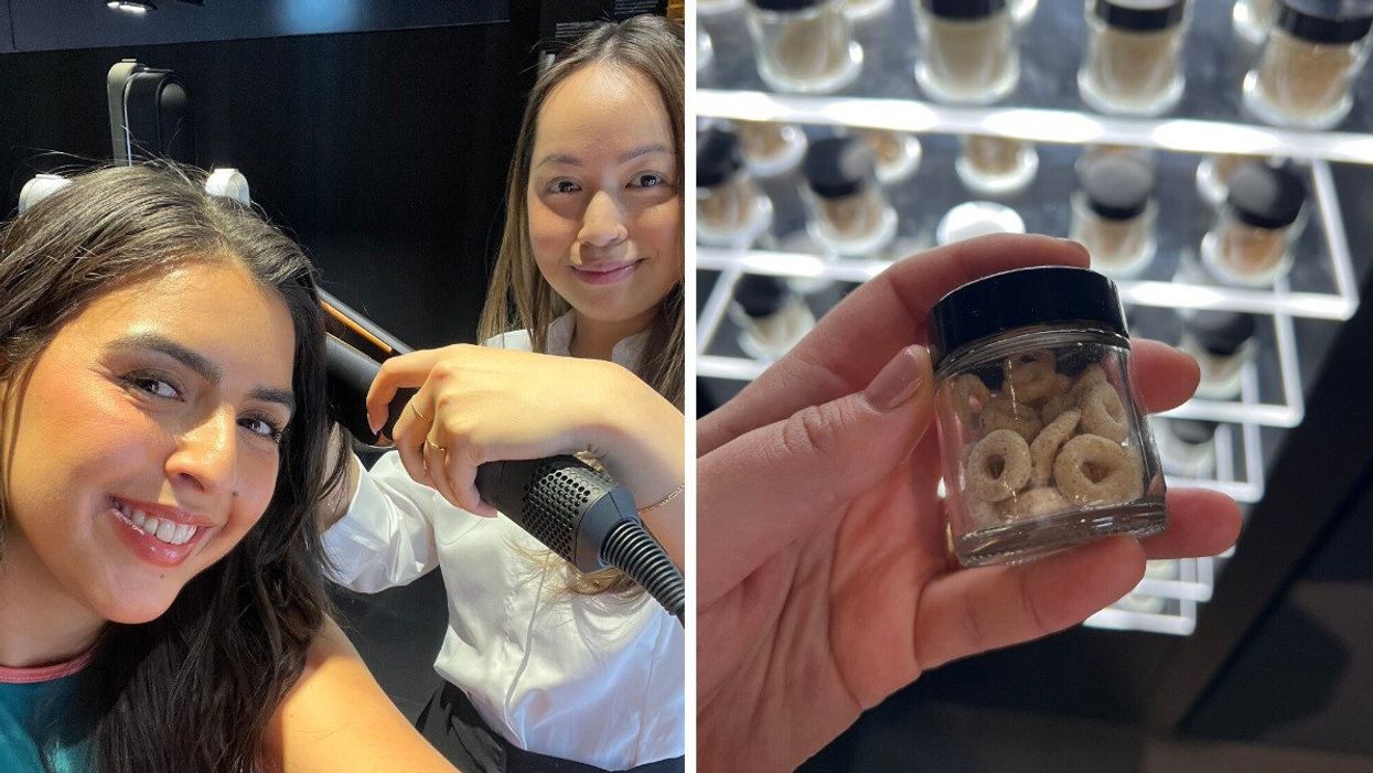 A Dyson expert styles hair. Right: Cereal for vacuum demonstrations. 