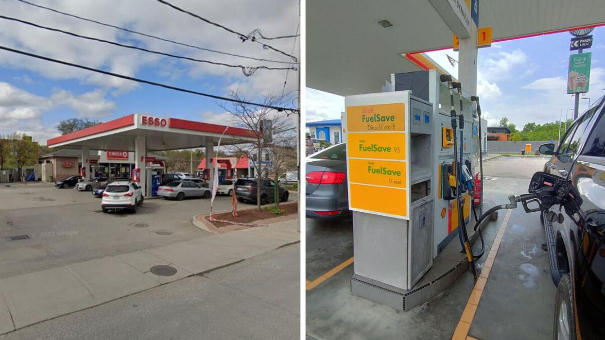 A Esso gas station. Right: A Shell gas station pump.