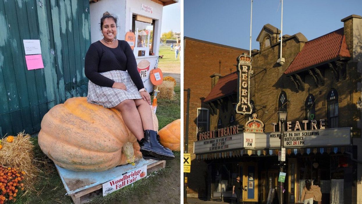 A fairgoer sits on a pumpkin. Right: The Regent Theatre in Prince Edward County.