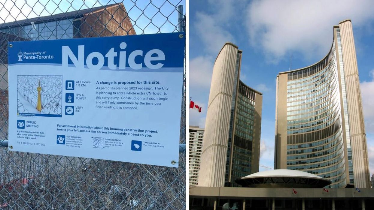 A fake City of Toronto notice for contruction of another CN Tower. Right: Toronto City Hall.