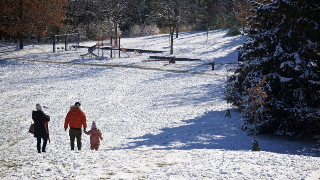 A family walking in a wintry park.