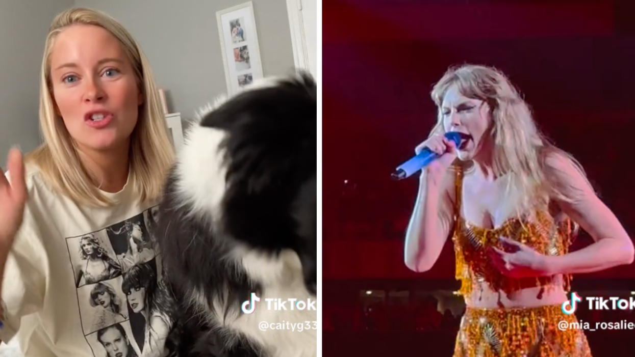 A fan explaining what happened at the Taylor Swift concert. Right: Taylor Swift onstage.