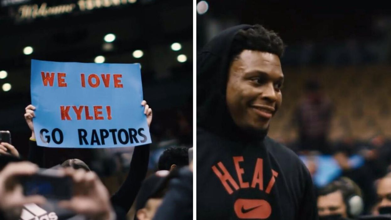 A fan holding up a sign celebrating Kyle Lowry. Right: Lowry walking into Scotiabank Arena on Sunday.