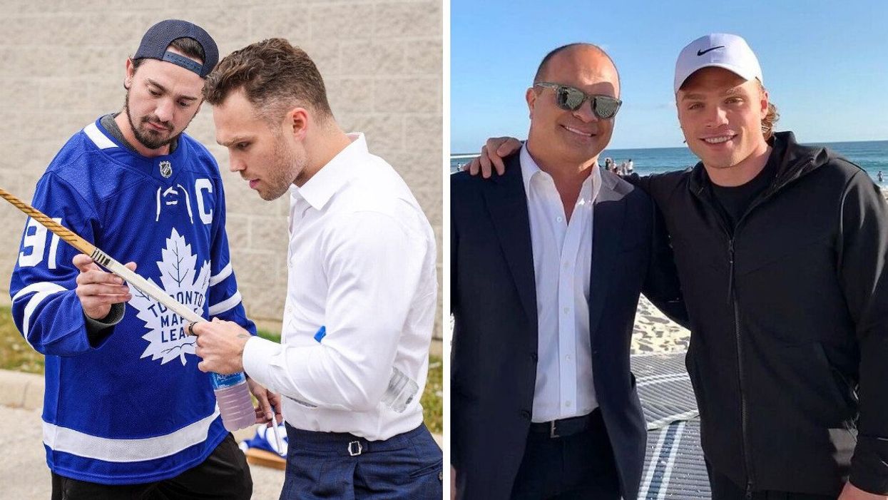 A fan showing Max Domi a hockey stick. Right: Tie and Max Domi.