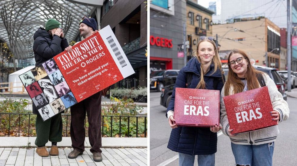 A fan tears up next to their friend who holds the giant Taylor Swift | The Eras Tour ticket. Right: Two fans hold merch boxes from Rogers.