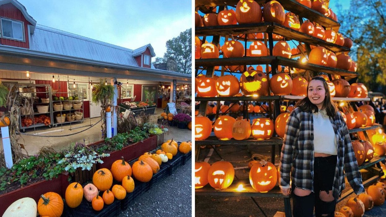 A farm market with pumpkins. A person standing by a pumpkin display.