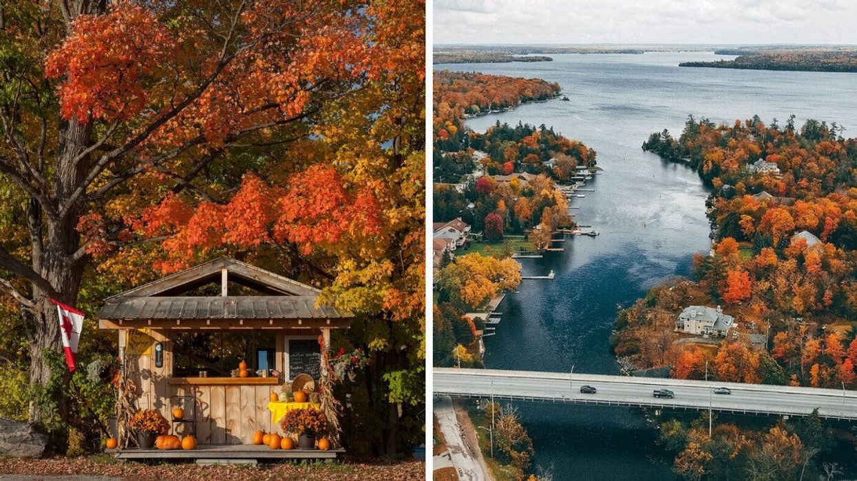 A farm stand. Right: An aerial view of a bridge.