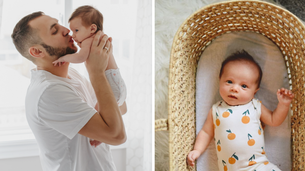 A father holding a baby. Right: A newborn.
