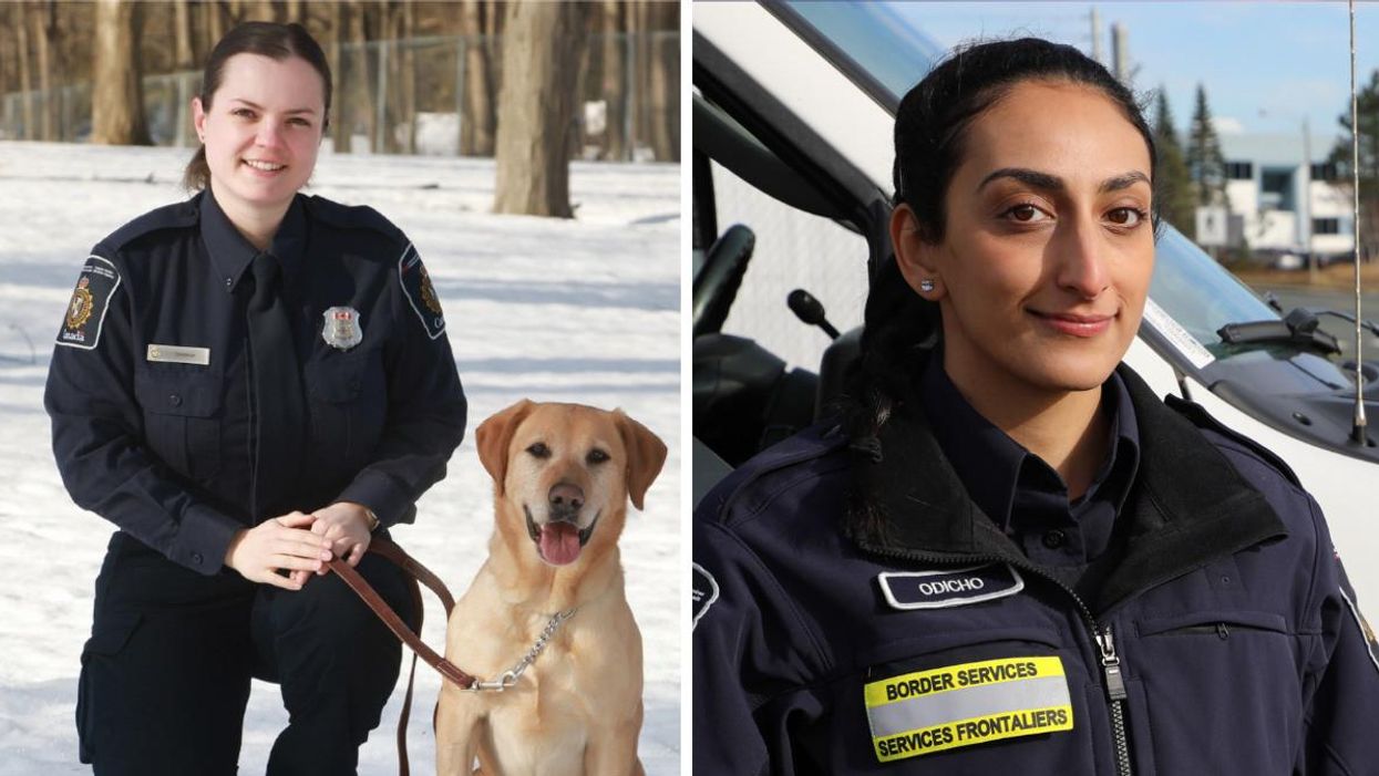 A federal government employee in uniform and a dog. Right: A CBSA employee.