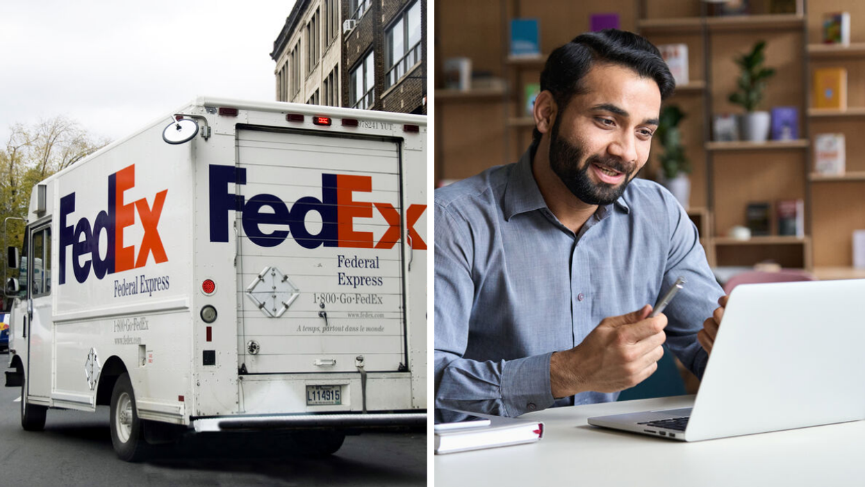 A FedEx delivery truck. Right: A man working on a laptop.
