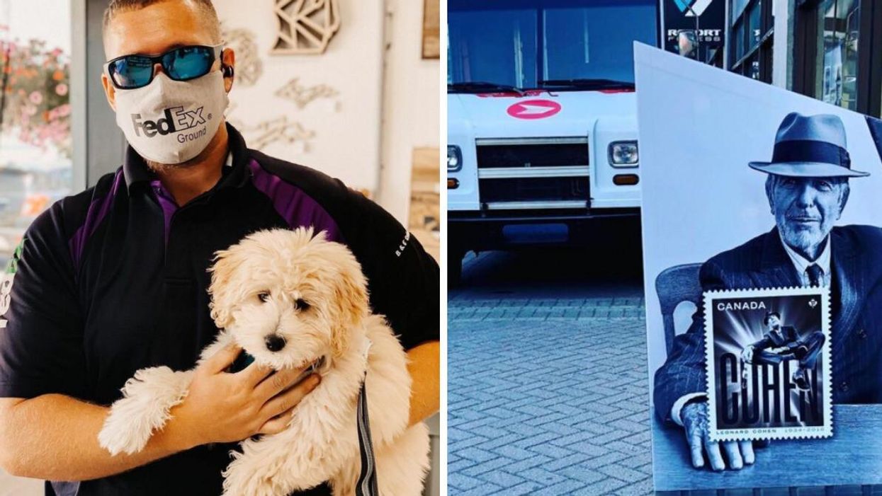 A FedEx worker and a puppy. Right: A Canada Post mailbox and truck.
