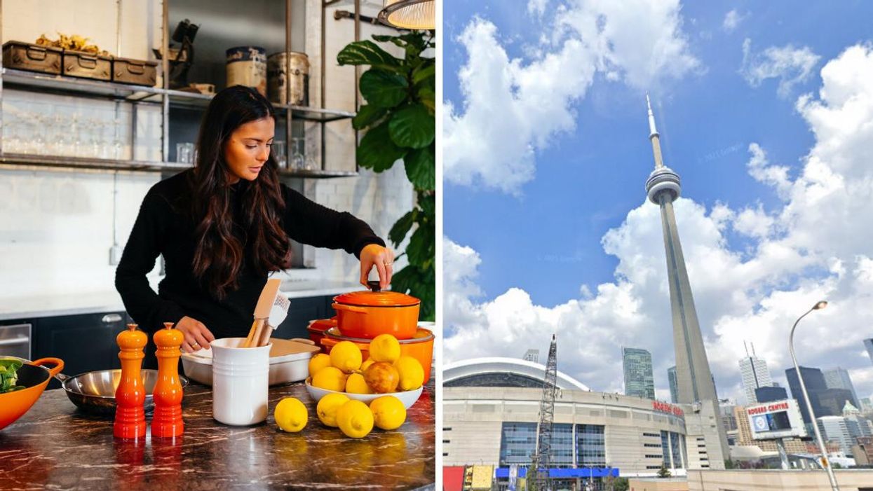 A female chef cooking at a counter. Right: the CN tower in Toronto