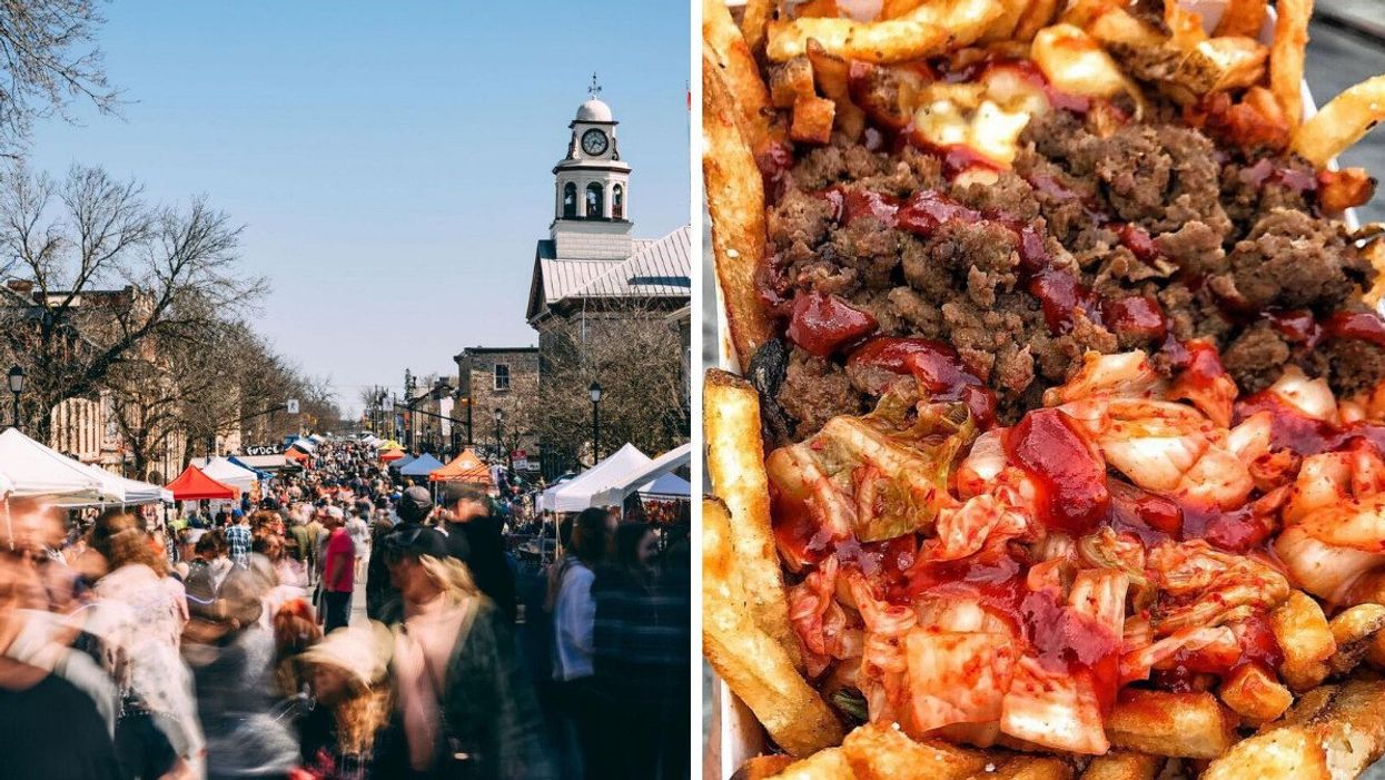 A festival along a historic Main Street. Right: Poutine.